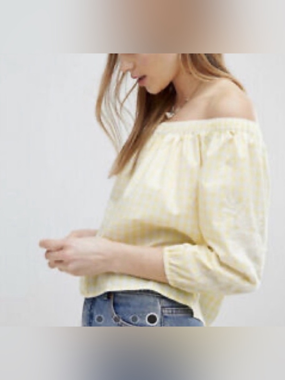 Hollister Yellow Gingham Off Shoulder Embroidered Peasant Top Size Small